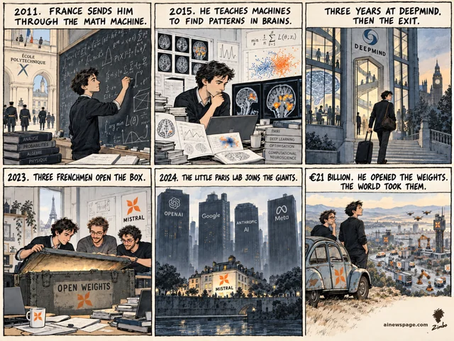 Six-panel Arthur Mensch life strip. 2011: Ecole Polytechnique. 2015: brain scans. Three years at DeepMind, then the exit. 2023: three men open the OPEN WEIGHTS box. 2024: Paris joins the giants. Lookout finale: Citroen 2CV above a valley of drones and trucks running his open weights.