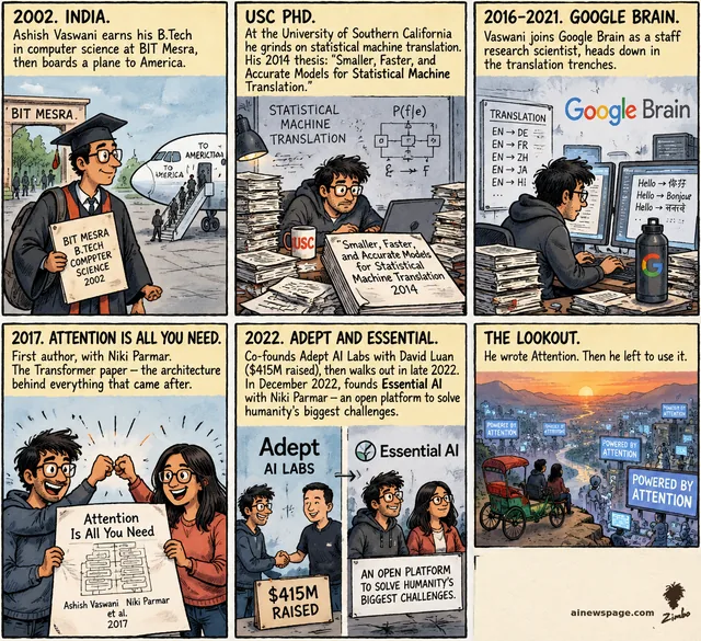 Six-panel Ashish Vaswani strip. 2002: BIT Mesra B.Tech, plane to America. USC PhD, 2014 translation thesis. 2016-2021: Google Brain. 2017: first author of 'Attention Is All You Need' with Niki Parmar. 2022: Adept AI, then Essential AI. Kicker lookout: 'He wrote Attention. Then he left to use it.'