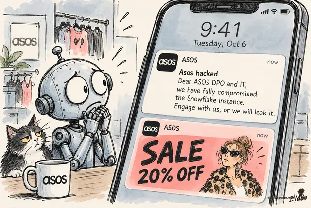 Hand-drawn ink cartoon: a giant smartphone shows the Asos app notification carrying the hackers' demand, 'we have fully compromised the Snowflake instance', above a cheerful SALE 20% OFF banner; Merv the worried robot stares at the phone, Issue the cat beside him.