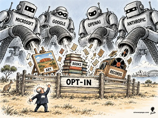 Satirical cartoon: four giant robots labeled MICROSOFT, GOOGLE, OPENAI and ANTHROPIC vacuum-suck Australian paintings, books and records over an 'OPT-IN' fence while a tiny politician shakes a fist, kangaroo and Sydney Opera House behind.