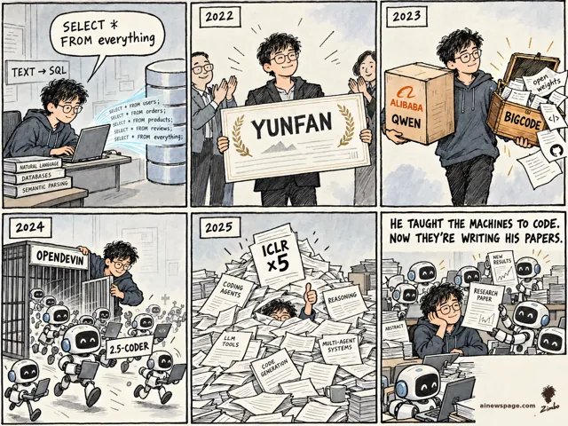 Six-panel Binyuan Hui strip: 2021 text-to-SQL 'SELECT * FROM everything'; 2022 YUNFAN award; 2023 juggling an Alibaba Qwen box and a BigCode open-weights chest; 2024 releasing OpenDevin robot coders with a 2.5-CODER sign; 2025 buried in an ICLR x5 paper avalanche; kicker: robots writing his papers.