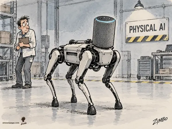 Satirical cartoon: a Boston Dynamics robot dog with an Amazon Echo smart speaker for a head stands in a warehouse under a PHYSICAL AI sign, while a worried engineer watches.