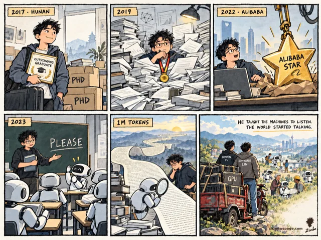 Six-panel Bowen Yu strip: 2017 Hunan Outstanding Graduate; 2019 buried in PhD papers; 2022 giant Alibaba Star medal; 2023 teaching robots PLEASE; 2025 robot reading a million-token scroll; lookout finale with Junyang Lin over a valley of assistant-robots.