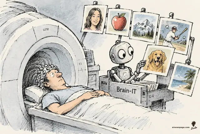 Satirical cartoon: a wide-eyed patient in an fMRI scanner wearing an EEG cap, wired to a robot that proudly prints photos of his thoughts — a woman’s face, an apple, a mountain, a baseball player, a dog, a beach.