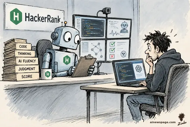 Ink-and-wash cartoon: a HackerRank-logo robot interviewer with a clipboard grades folders labeled CODE, THINKING, AI FLUENCY, JUDGMENT and SCORE while a nervous human candidate sweats at a laptop.
