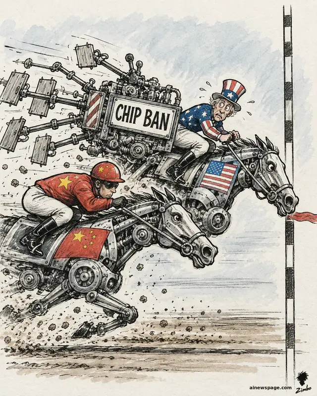 Satirical cartoon: a panicked Uncle-Sam-hatted jockey rides a US-flagged robot racehorse dragging a massive 'CHIP BAN' contraption, nose-to-nose at the finish line with a calm Chinese jockey on a Chinese-flagged robot racehorse.