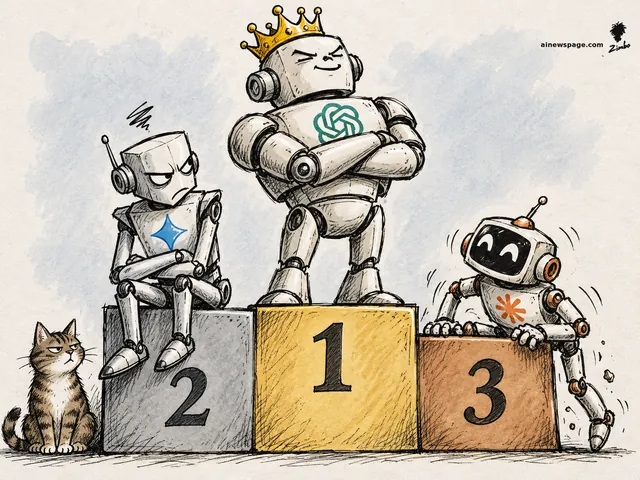 Satirical cartoon: three robots on a winners' podium — a crowned ChatGPT robot on gold #1, a sulking Gemini robot on silver #2, and a small grinning Claude robot climbing onto bronze #3 while Issue the cat watches, unimpressed.