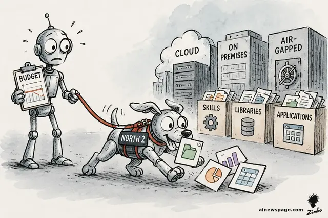 Satirical cartoon: Merv clutches a BUDGET clipboard with a crashing red chart while holding a red leash on an eager robot dog wearing a NORTH 2 vest, fetching dashboard cards from crates labeled SKILLS, LIBRARIES and APPLICATIONS beneath CLOUD, ON PREMISES and AIR-GAPPED buildings.