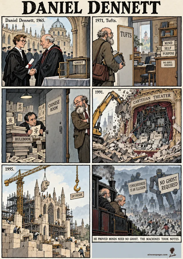 Six-panel Dennett strip: 1965 Oxford DPhil under Ryle, empty GHOST cage; 1971 Tufts, NO SOUL NEEDED; the Chinese Room, Dennett shrugs; 1991 Cartesian Theater demolished; 1995 crane vs unused skyhook; finale: Dennett and Searle on a steam locomotive overlook robots with NO GHOST REQUIRED signs.