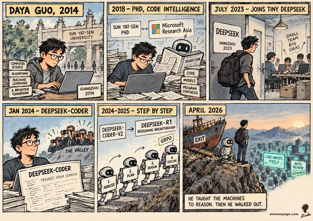 Sunday strip: Daya Guo — Sun Yat-sen student; PhD on code intelligence; 2023 joins tiny DeepSeek; Jan 2024 lead author of DeepSeek-Coder; 2024-25 Coder-V2 then first author of the R1 reasoning paper; finale: Guo and Merv by a stranded cargo ship over robots stamping APPROVED above empty chairs.