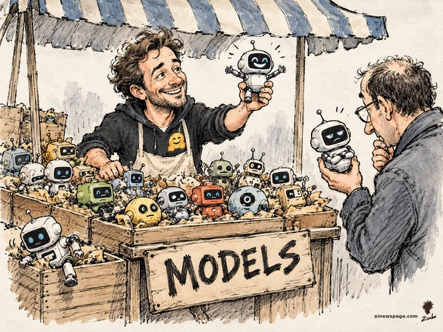 Satirical cartoon: Hugging Face CEO Clément Delangue, in a vendor apron, holds a little robot aloft like a prize tomato behind a market stall heaped with robot models; a customer examines one. Stall sign reads MODELS.