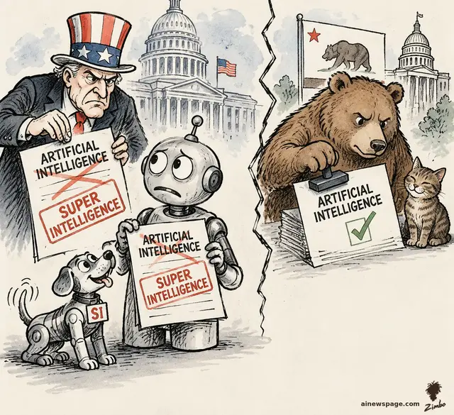 Satirical cartoon: Uncle Sam red-stamps 'SUPER INTELLIGENCE' over crossed-out 'ARTIFICIAL INTELLIGENCE' while a worried robot holds the restamped memo and a robot dog wears an 'SI' tag; a California bear green-check-stamps 'ARTIFICIAL INTELLIGENCE' as a cat watches.