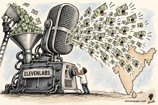 Ink-and-wash cartoon: a giant vintage ELEVENLABS microphone machine pours screaming dollar bills into an outline map of India while a tiny engineer fights a volume knob.