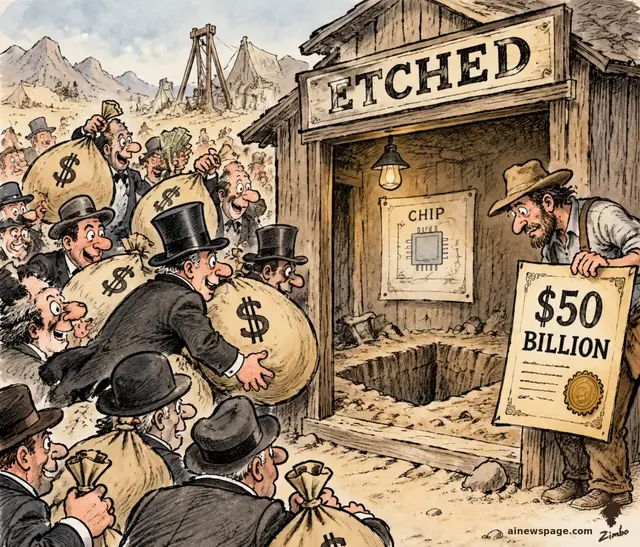 Satirical cartoon: top-hatted investors haul money bags stampeding into a tiny wooden ETCHED claim office that contains only an empty pit and a CHIP blueprint poster, while a lone miner outside holds up a $50 BILLION certificate.