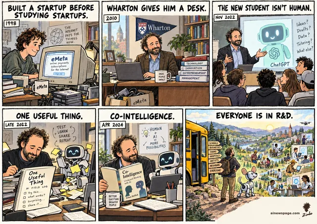 Six-panel Ethan Mollick life strip. 1998: founds eMeta. 2010: Wharton desk. Nov 2022: ChatGPT enters his classroom. One Useful Thing becomes an AI field log. Apr 2024: Co-Intelligence with a robot. Lookout finale: robot dog Buddy, school bus, a valley where everyone experiments — EVERYONE IS IN R&D.