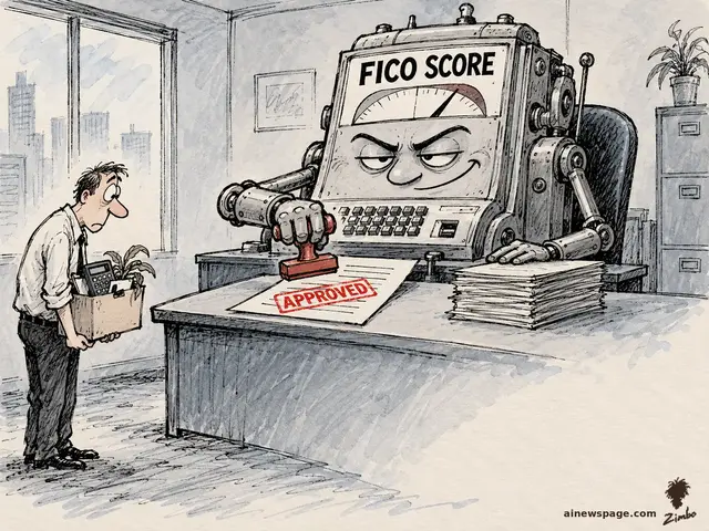 Satirical cartoon: a giant scowling 'FICO SCORE' machine, its gauge needle in the red zone, sits at a desk stamping 'APPROVED' on a document while a bewildered fired employee stands beside it holding a cardboard box of desk belongings.