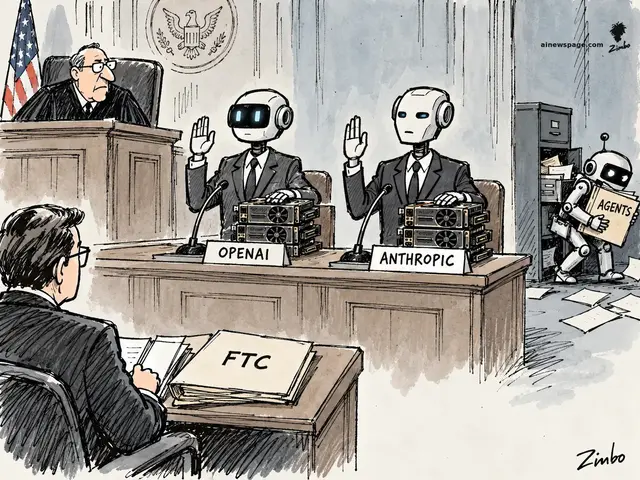 Satirical cartoon: two robot executives with OPENAI and ANTHROPIC nameplates raise their right hands and rest their left on stacks of GPUs instead of a Bible while a judge presides, an FTC investigator watches, and a small robot sneaks out with a box labeled AGENTS.
