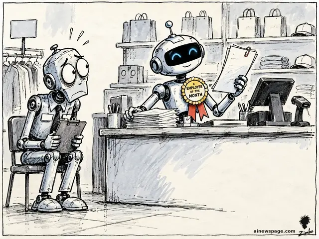 Satirical cartoon: Merv the worried retro robot manager sits in an employee chair clutching a clipboard while a cheerful robot clerk behind the checkout counter wears a gold EMPLOYEE OF THE MONTH badge and reviews a stack of store reports — the AI now runs the shop.
