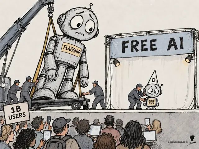 Satirical cartoon: workers wheel a giant worried FLAGSHIP robot off a stage on a dolly while a tiny dunce-capped FREE TIER robot takes the spotlight under a FREE AI banner before a crowd holding a 1B USERS sign.