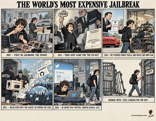 Six-panel strip: teen Hotz jailbreaks the iPhone, 350Z in the driveway; brandishes the PS3 key at Sony's lawyers; waves off Musk's Tesla offer; NHTSA seizes the comma one as openpilot pages fly free; codes Twitter search at HQ; kicker: past a cage labeled THE SYSTEM, picking the next lock.