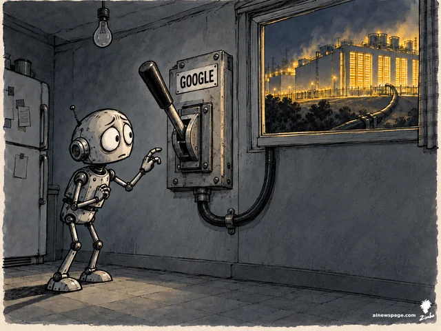 Satirical cartoon: worried robot Merv timidly reaches for an oversized industrial lever labeled GOOGLE mounted where his light switch should be, while his own ceiling bulb hangs dark and a blazing Google data center hogs all the light through his window.