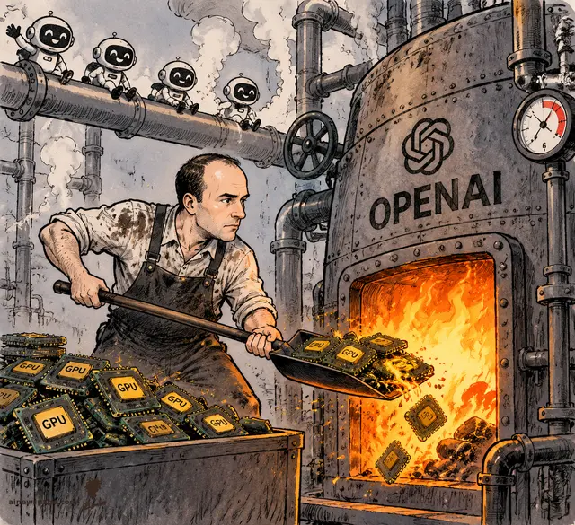 Satirical cartoon: OpenAI co-founder Greg Brockman, in a sooty boiler-room apron, shovels glowing GPU chips into a giant riveted OPENAI furnace; tiny cheerful robots watch from an overhead pipe.