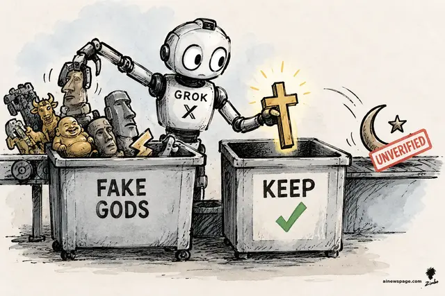 Satirical cartoon: a 'GROK X' robot sorts religious symbols — dumping idol statues into a 'FAKE GODS' bin, reverently placing a glowing gold cross into a 'KEEP' bin with a green checkmark, while a crescent moon and star lie stamped red 'UNVERIFIED.'