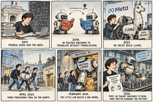 Sunday strip: Guillaume Lample, FROM MATH TO MISTRAL AI — 2011 Ecole Polytechnique; 2018 unsupervised-translation robots; 2023 helps build LLaMA; April 2023 three Frenchmen leave Meta for Mistral; February 2024 Mistral Large ships; 2026 Physics AI factory kicker.