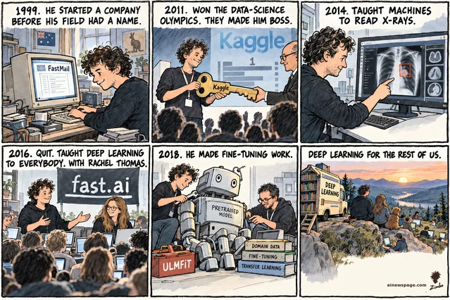 Six-panel strip: Jeremy Howard at a 90s PC starting FastMail; wins Kaggle and gets the keys; points at an X-ray for Enlitic; teaches a packed fast.ai class with Rachel Thomas; tunes a PRETRAINED MODEL robot for ULMFiT; bookmobile lookout finale: DEEP LEARNING FOR THE REST OF US.