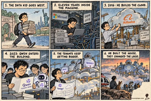 Sunday strip: Jingren Zhou — data kid hauls boxes west; eleven years at Microsoft's racks; 2016 building Alibaba's cloud; 2023 reading the Qwen report; giant Qwen robots over the fortress; finale: Zhou and a cat at a lookout — HE BUILT THE HOUSE. THEY CHANGED THE LOCKS.
