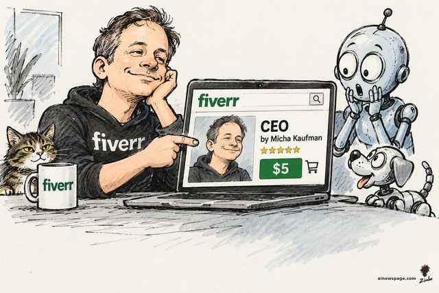 Satirical cartoon: smiling Fiverr CEO Micha Kaufman points at a laptop showing his own Fiverr gig listing — 'CEO by Micha Kaufman, five stars, $5' — while a worried robot, a robot dog, and a tabby cat look on.