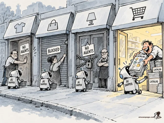 Satirical cartoon: three storefronts slam their doors on cute AI SHOPPER robots with NO AGENTS signs while a gleeful shopkeeper shovels a stack of CATALOGs into a fourth robot's mouth.