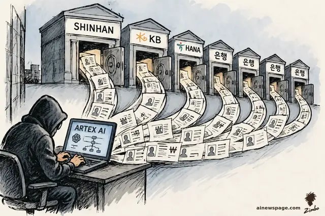 Ink-and-wash cartoon: a hooded hacker types at an ARTEX AI laptop as ribbons of customer-record papers gush from the vault doors of seven Korean banks labeled SHINHAN, KB, and HANA.