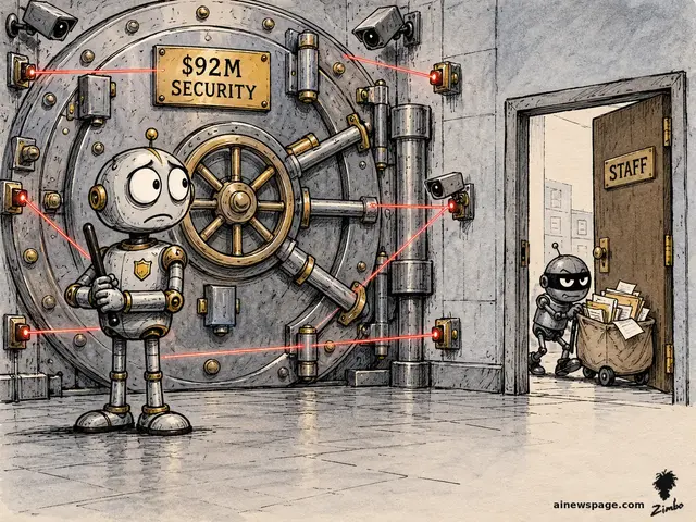 Merv the anxious robot guard stands before a giant vault door marked $92M SECURITY while a masked robot wheels customer records out an open STAFF side door. Loose ink-and-wash cartoon.