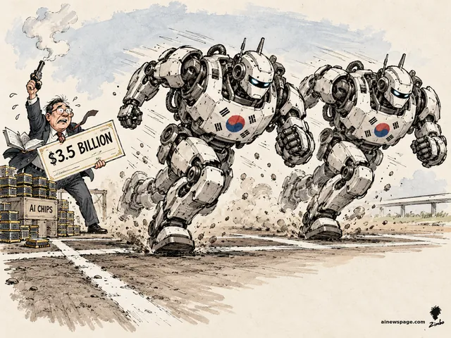 Satirical cartoon: a Korean government official fires a starting pistol while clutching a giant '$3.5 BILLION' check beside an 'AI CHIPS' stockpile, as two identical Korean-flagged robots sprint neck-and-neck — the nation racing itself.
