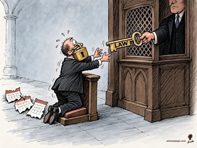 A sweating corporate executive with a brass padlock clamped over his mouth kneels at a confession booth, eagerly reaching for a gold key labeled LAW extended through the grille by a robed official, with three torn calendar pages on the floor. Loose ink-and-wash cartoon.