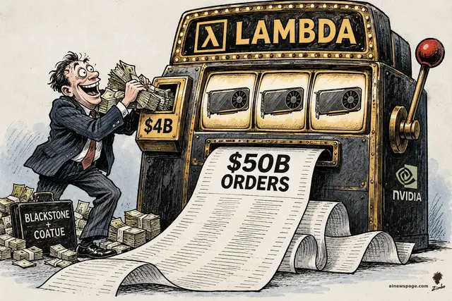 Editorial cartoon: a grinning investor shovels cash into a LAMBDA slot machine's $4B coin slot while a giant $50B ORDERS receipt pours from the payout tray; three GPU chips line up as the jackpot, with a BLACKSTONE + COATUE briefcase at his feet.
