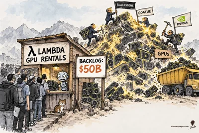Satirical cartoon: a ramshackle 'Lambda GPU Rentals' shack where a worried Merv robot serves a long customer line, next to a mountain of GPU chips being pickaxed by financiers under Blackstone, Coatue and Nvidia flags, with a 'Backlog: $50B' sign.