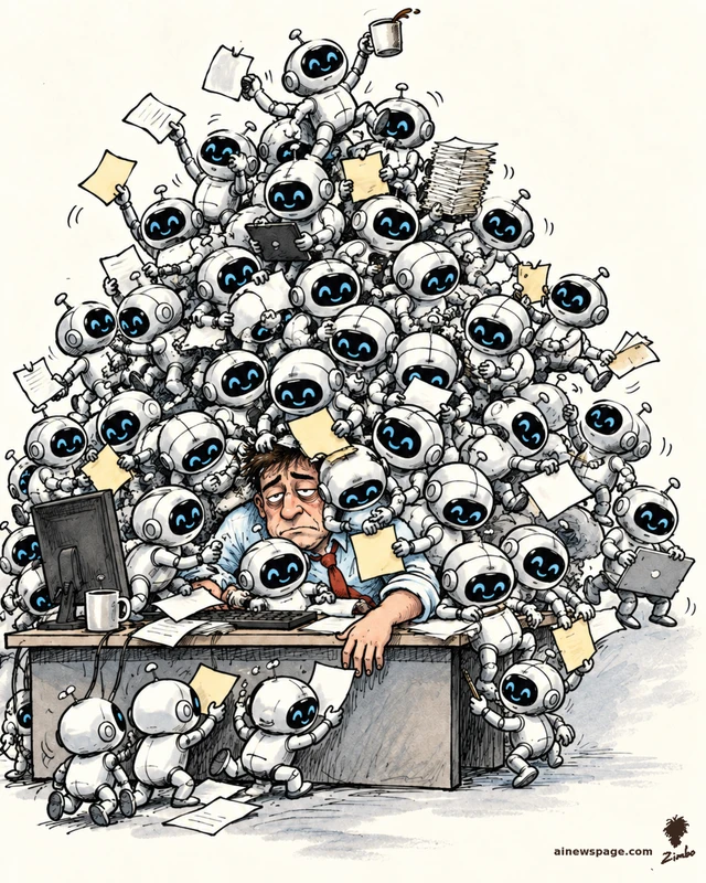 Satirical cartoon: one exhausted office worker slumps at his desk, buried under a pyramid avalanche of dozens of tiny eager robot agents clutching papers, tablets, and coffee cups.