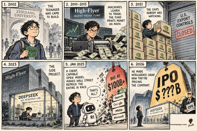 Sunday strip: Liang Wenfeng, THE CHIP HOARDER — teenager with circuit board at Zhejiang; High-Flyer quant money-printer; 2021 Nvidia chip wall under slamming export-controls shutter; 2023 tiny DeepSeek lab; Jan 2025 R1 robot topples the BIG AI $100B+ tag; finale: gold IPO $???B tag over the lab.