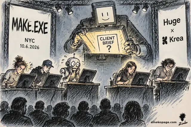 Satirical cartoon: a giant smiling machine towers over five frantic designers at laptops on a live esports-style stage, holding a glowing briefcase labeled CLIENT BRIEF?, with MAKE.EXE NYC 10.6.2026 and Huge x Krea banners, Merv fretting at a desk, and a live audience in the foreground.