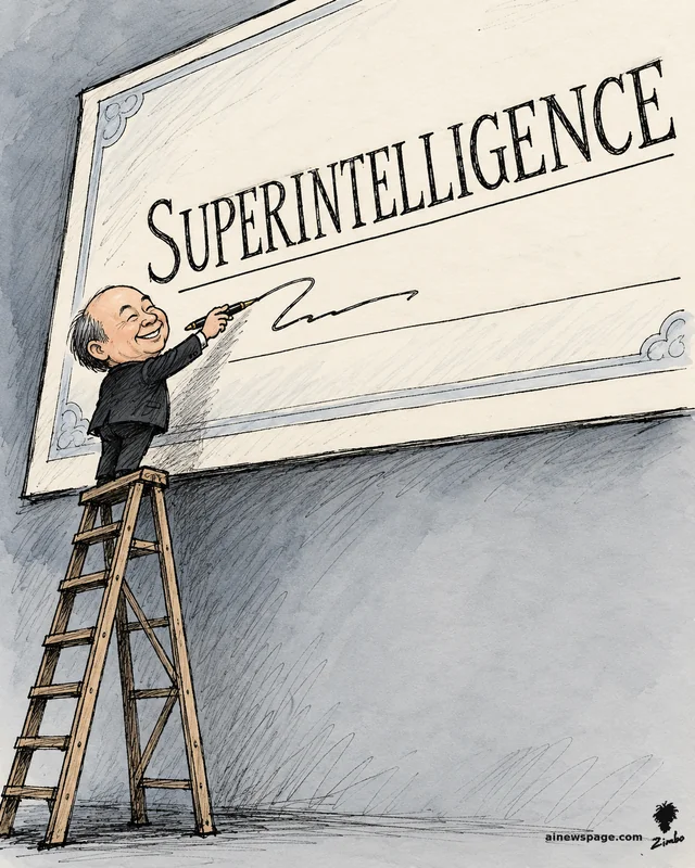 Satirical cartoon: a tiny grinning Masayoshi Son stands on a tall ladder signing a gigantic check labeled SUPERINTELLIGENCE, the check's edges vanishing beyond the frame.