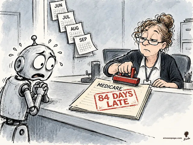 Satirical cartoon: anxious robot Merv wrings his hands at a government Medicare desk while a clerk rubber-stamps his file '84 DAYS LATE' in red; calendar pages JUN, JUL, AUG, SEP hang behind.