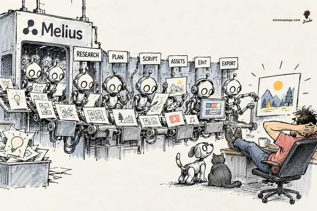 Satirical cartoon: rows of robot agents run a Melius creative assembly line — RESEARCH, PLAN, SCRIPT, ASSETS, EDIT, EXPORT — while the human ‘freed to be creative’ naps with feet on the desk.