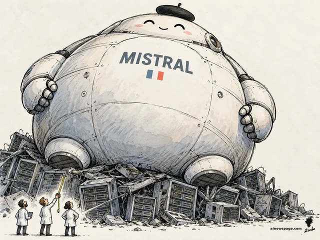 Hand-drawn ink cartoon: a gigantic smiling round robot labeled MISTRAL, wearing a beret, squats atop a crushed mountain of GPU server racks; three tiny lab-coat scientists below gaze up, one pointing a measuring tape at its bulk.