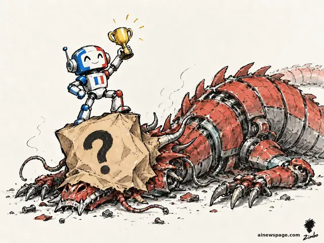 A tiny French-tricolor robot raises a gold trophy atop a collapsed Chinese dragon robot whose head hides under a paper bag marked with a question mark. Loose ink-and-wash cartoon.