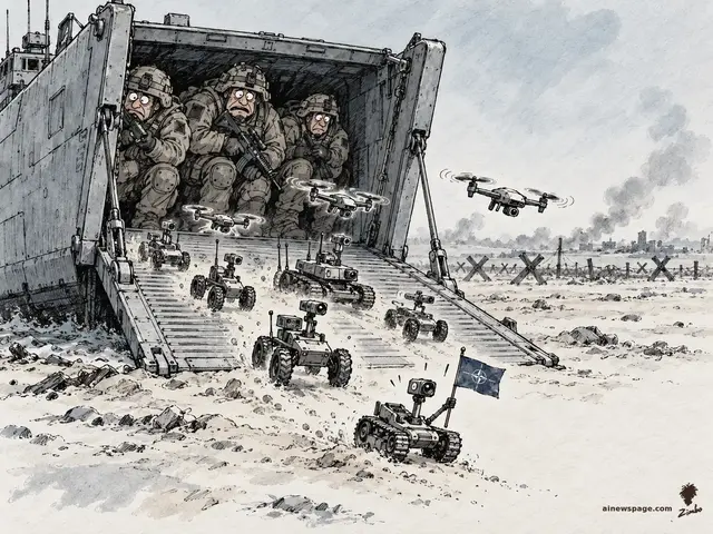 Satirical cartoon: three nervous NATO soldiers huddle inside a military landing craft while tiny wheeled robots and quadcopter drones pour out onto a bleak battlefield ahead of them, one small robot planting a NATO flag.