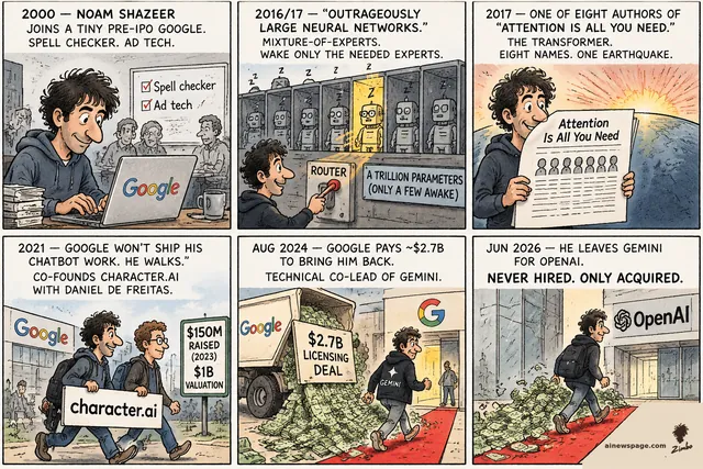 Sunday strip: Noam Shazeer — 2000 pre-IPO Google spell checker; 2016/17 mixture-of-experts wakes one expert; 2017 'Attention Is All You Need'; 2021 walks out with De Freitas, character.ai $1B; Aug 2024 Google's $2.7B deal; Jun 2026 strides into OpenAI. Kicker: NEVER HIRED. ONLY ACQUIRED.