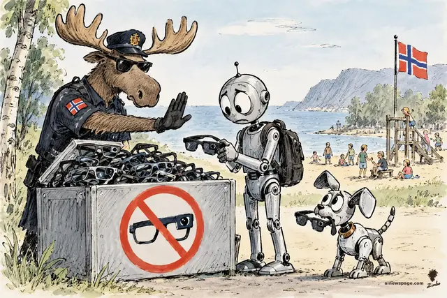Satirical cartoon: a moose in a Norwegian police uniform holds up a halt hand at a beach, dropping confiscated camera-equipped smart glasses into an overflowing bin marked with a red no-glasses symbol, as a sad robot tourist and a robot dog surrender theirs.