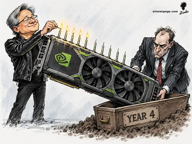 Ink-and-wash cartoon: a grinning Jensen Huang in a leather jacket lights ten birthday candles on a giant GPU while a grim suited banker lowers the card into a coffin labeled YEAR 4.